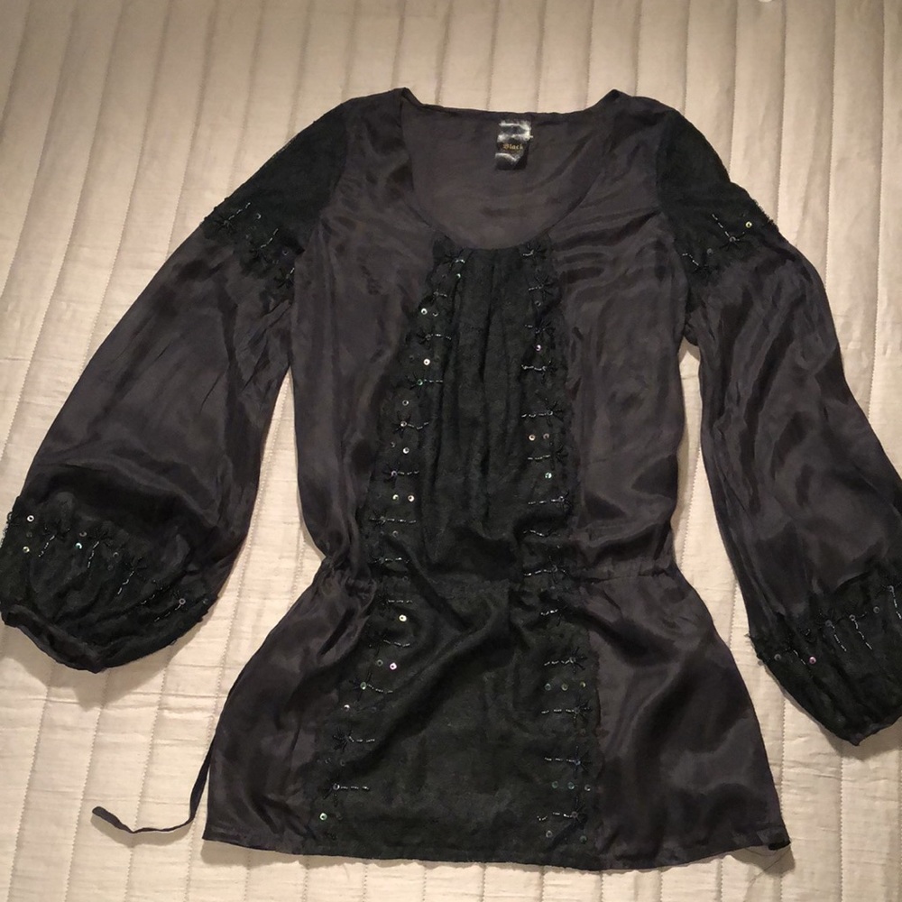 BLACK blouse, lace and bead trim, peasant sleeve